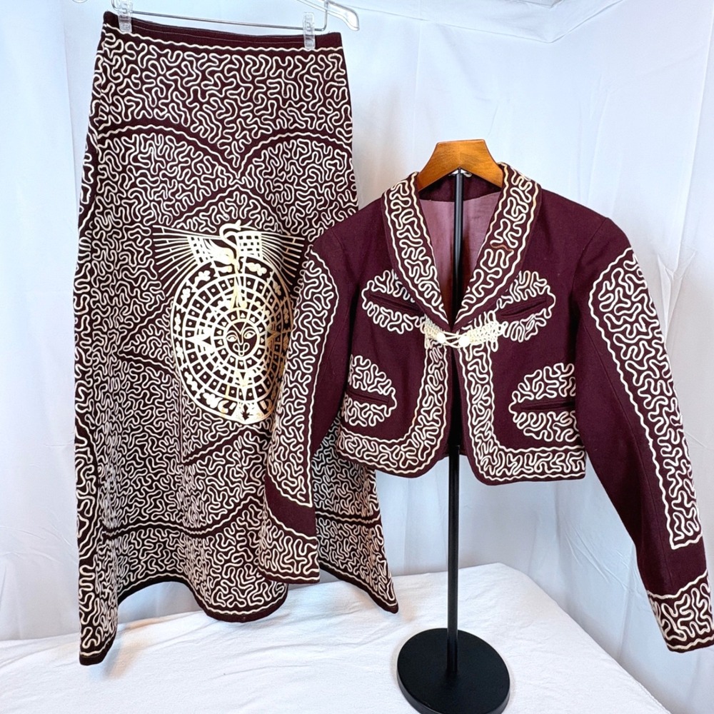 Vtg Traje de Charro Mujer Wool Skirt Set Embroidered Eagle Sun Leather Burgundy